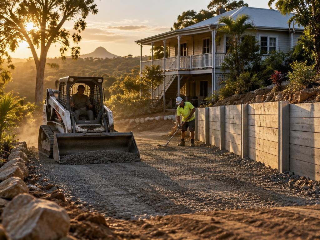 Bobcat levelling a driveway base beside a new concrete sleeper retaining wall